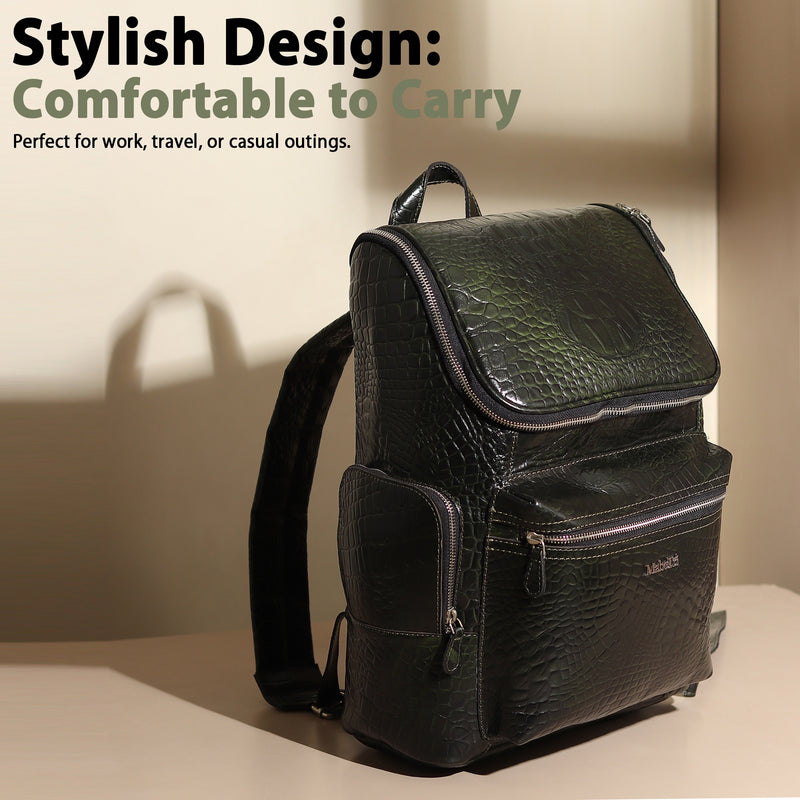 Regal Crocodile Texture Leather Backpack, Dark Green