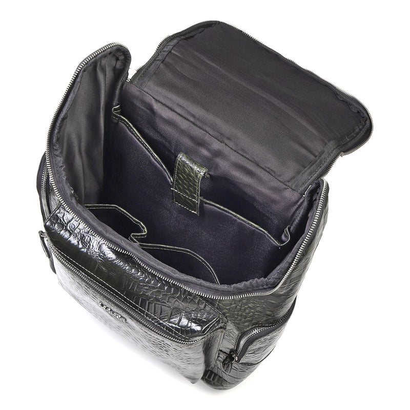 Regal Crocodile Texture Leather Backpack, Dark Green