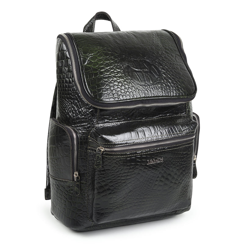 Regal Crocodile Texture Leather Backpack, Dark Green