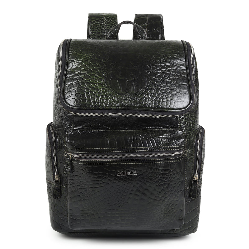 Regal Crocodile Texture Leather Backpack, Dark Green