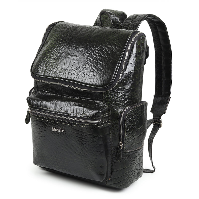 Regal Crocodile Texture Leather Backpack, Dark Green