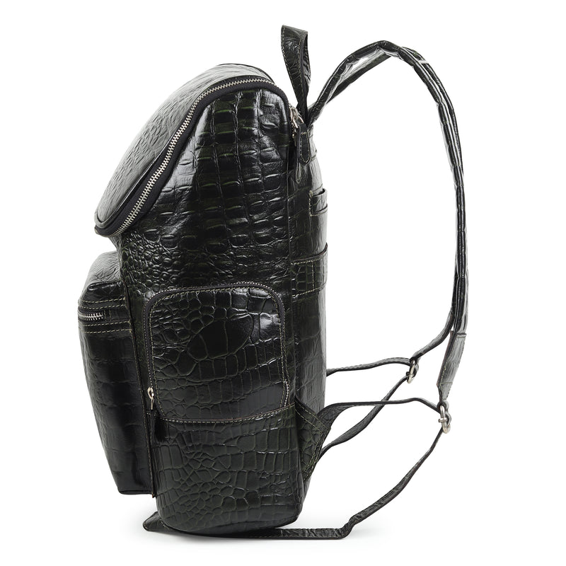 Regal Crocodile Texture Leather Backpack, Dark Green