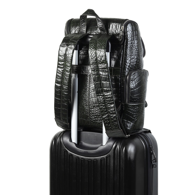 Regal Crocodile Texture Leather Backpack, Dark Green