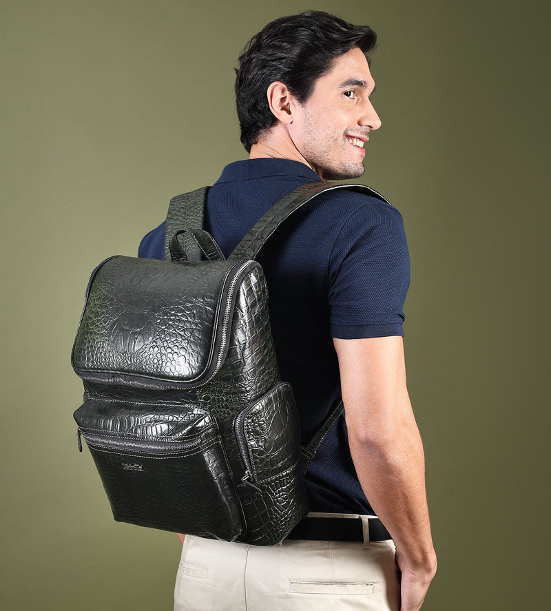 Regal Crocodile Texture Leather Backpack, Dark Green