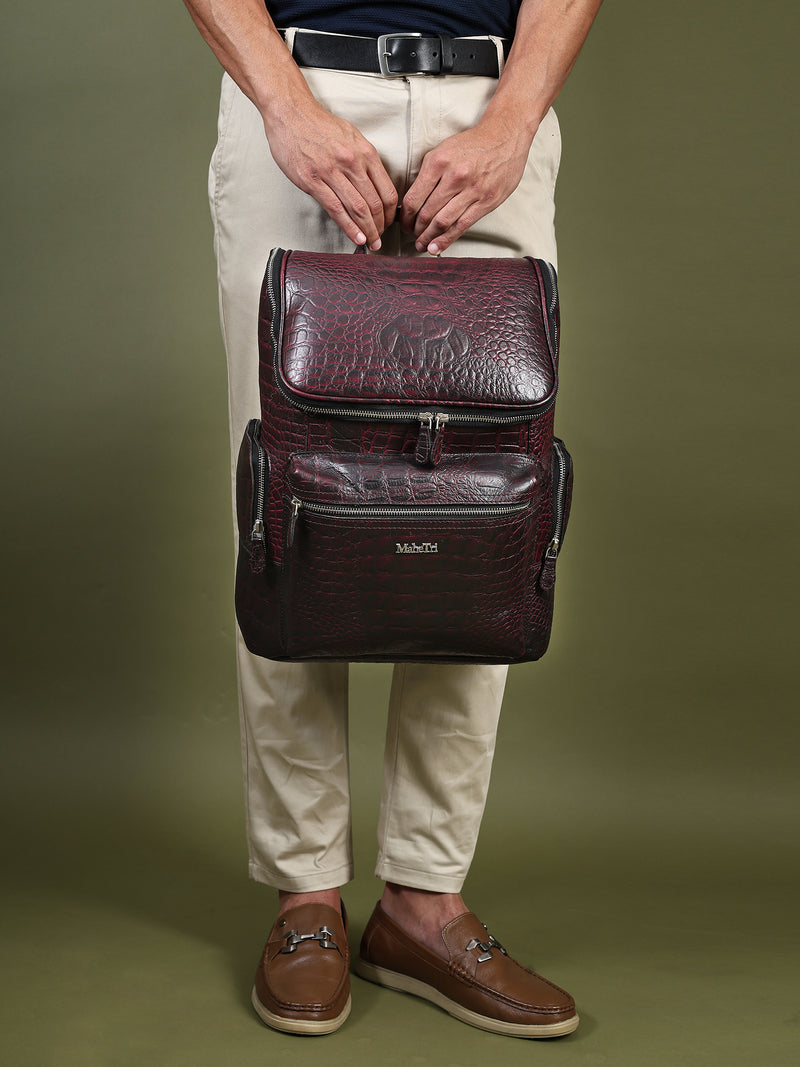 Regal Crocodile Texture Laptop Backpack, Pinkish Red