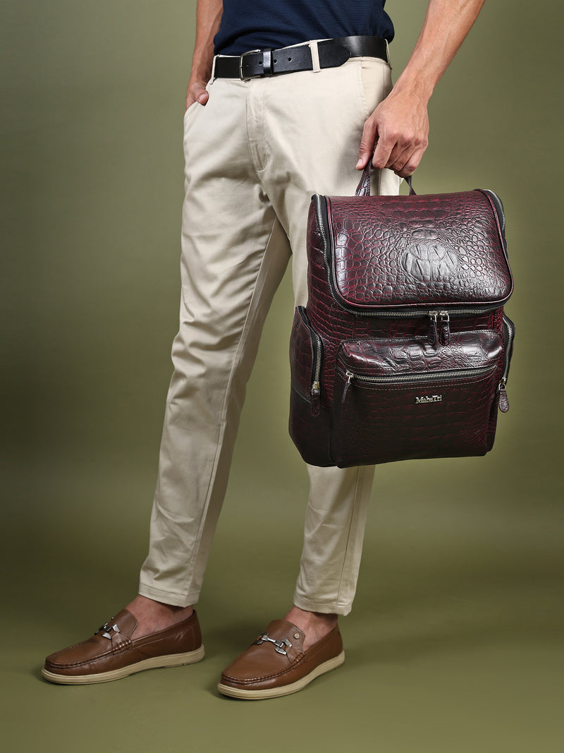 Regal Crocodile Texture Laptop Backpack, Pinkish Red
