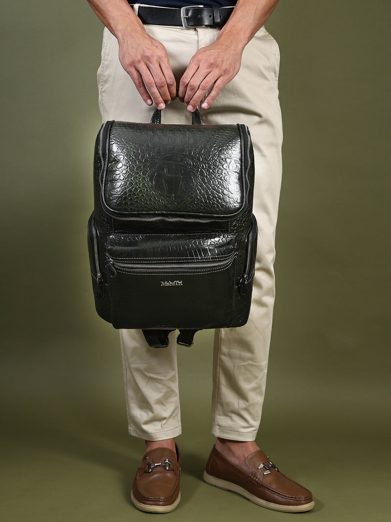 Regal Crocodile Texture Leather Backpack, Dark Green