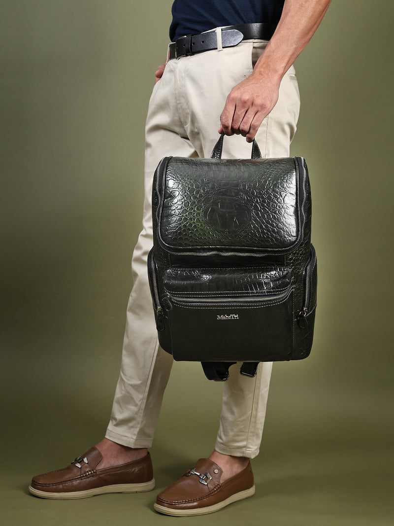 Regal Crocodile Texture Leather Backpack, Dark Green